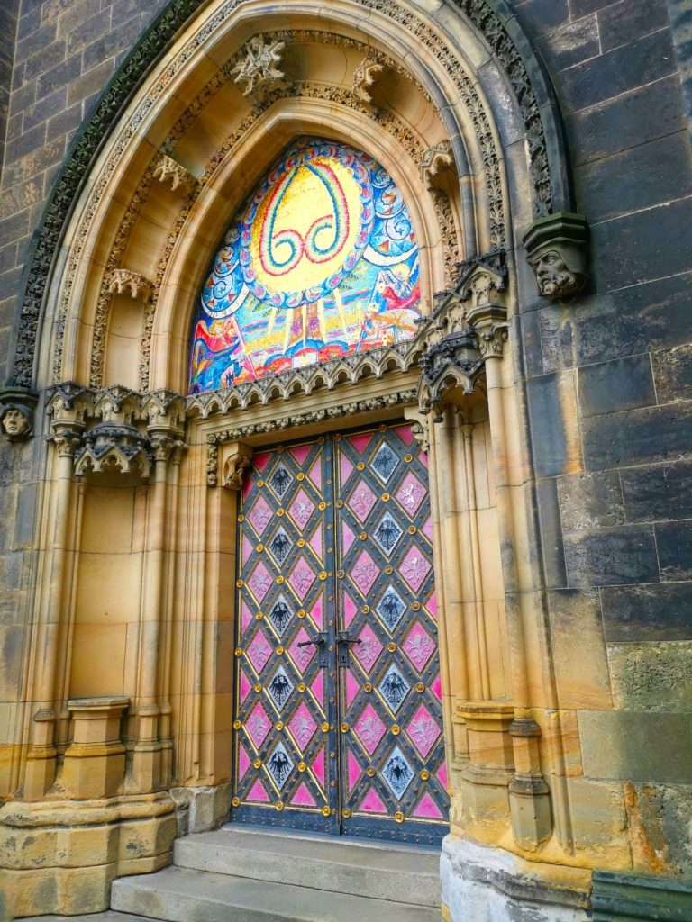 A colorful gothic archdoor of the Vyšehrad Fortress Cathedral.