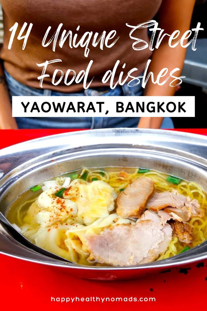 A bowl of steaming noodle soup with pork slices and dumplings, served on a vibrant red table in Yaowarat, Bangkok's Chinatown, with the text '14 Unique Street Food Dishes in Yaowarat, Bangkok' above it.