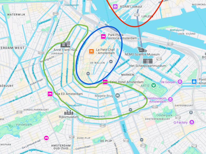 A map of amsterdam with circles on it indicating different parts of the city