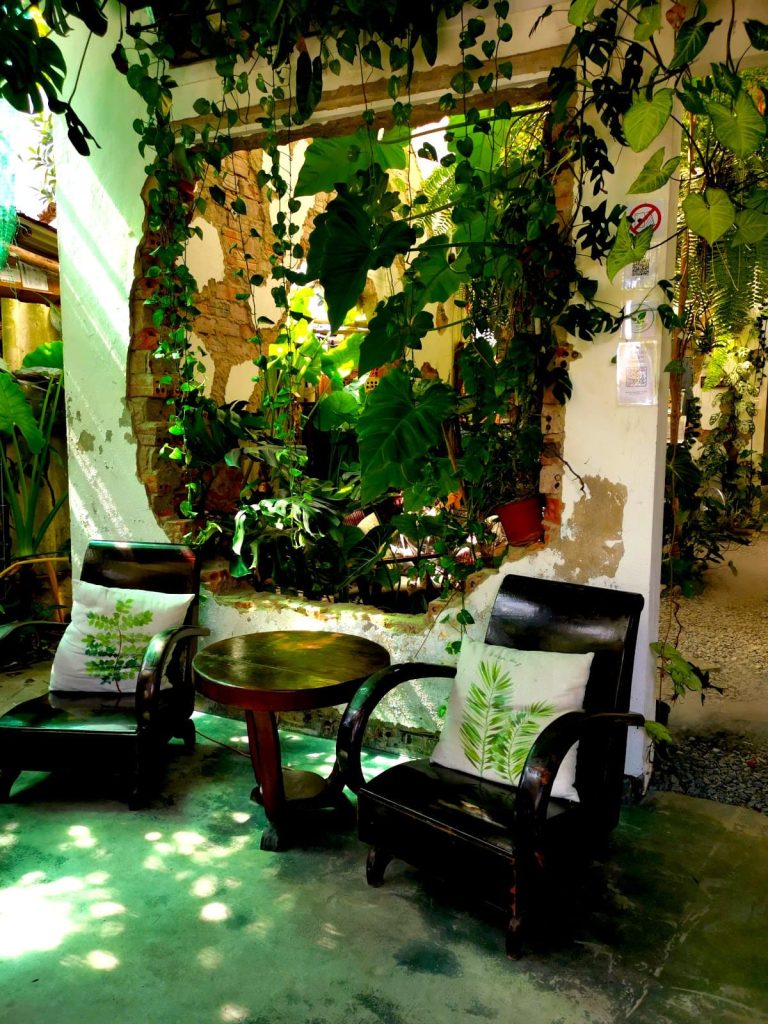 Two wooden chairs with cushions placed beside a small round wooden table at Ba Trong Coffee, set against an open wall covered in lush greenery - an Instagrammable spot in Hoi An.