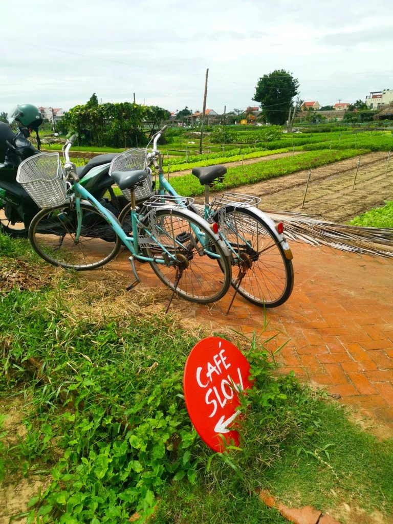 Two bicycles parked in front of a vegetable field at Hoi An's Tra Que village, next to a red round sign pointing towards Cafe Slow.